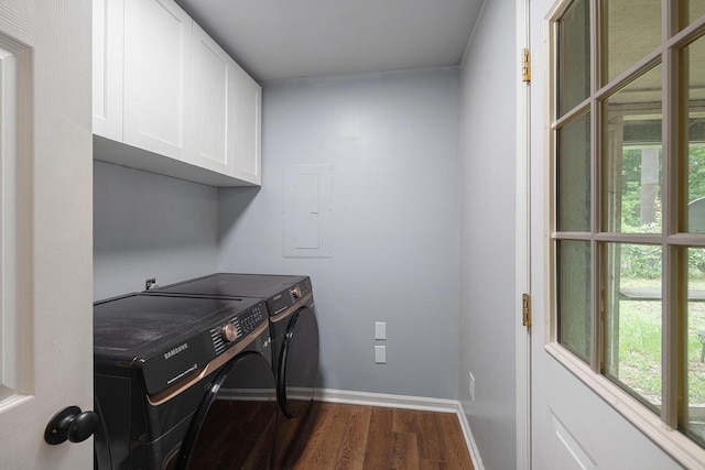 2045 Rondo St Unit B, Charleston, SC 29414 - laundry area with cabinet space, separate washer and dryer, dark wood-type flooring, electric panel, and baseboards