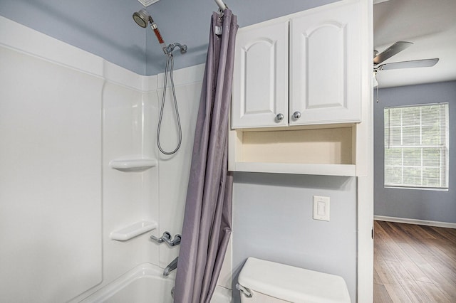 2045 Rondo St Unit B, Charleston, SC 29414 - bathroom featuring a ceiling fan, shower / bath combination with curtain, wood finished floors, toilet, and baseboards