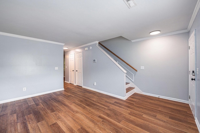 2045 Rondo St Unit B, Charleston, SC 29414 - unfurnished living room featuring crown molding, baseboards, wood finished floors, and stairs