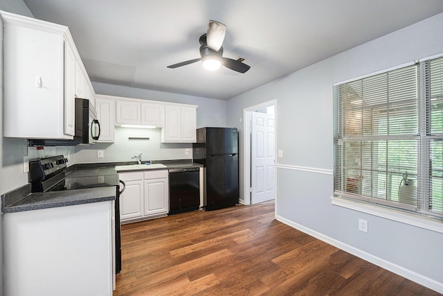 2045 Rondo St Unit B, Charleston, SC 29414 - kitchen featuring black appliances, dark countertops, white cabinets, dark wood-type flooring, and a ceiling fan