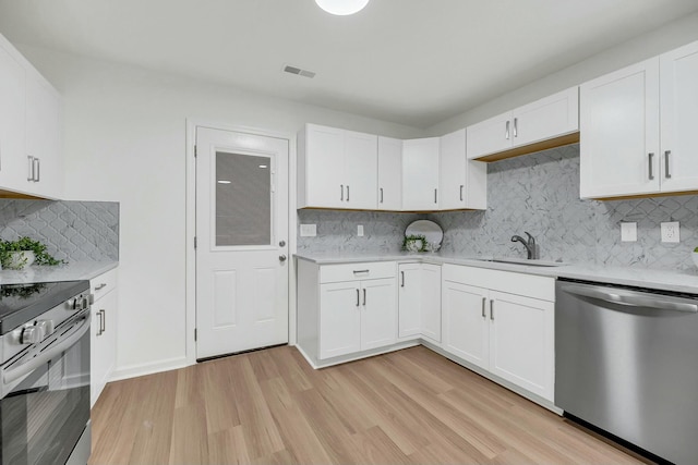 kitchen featuring backsplash, sink, light wood-type flooring, white cabinetry, and stainless steel appliances