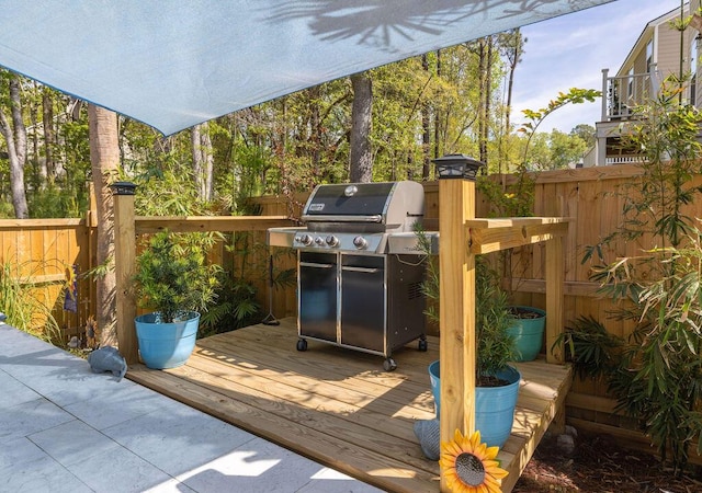 deck with a fenced backyard and area for grilling