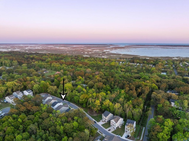 aerial view at dusk with a water view and a forest view