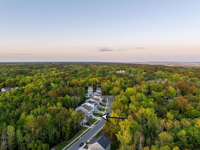 aerial view at dusk featuring a view of trees