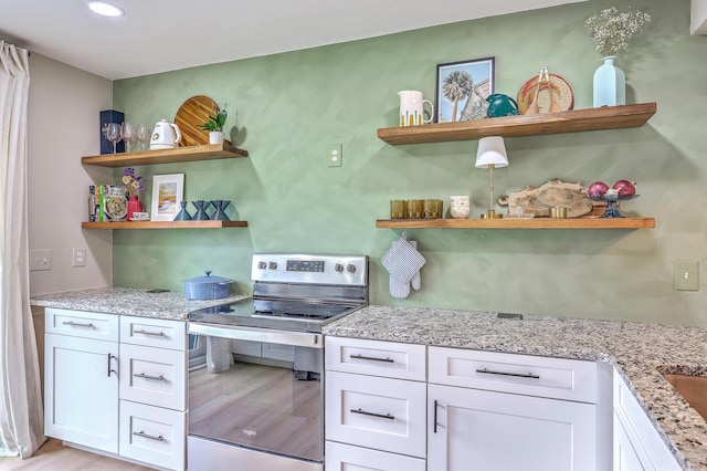 337 Price St, Goose Creek, SC 29445 - kitchen featuring open shelves, stainless steel electric range oven, light stone countertops, and recessed lighting