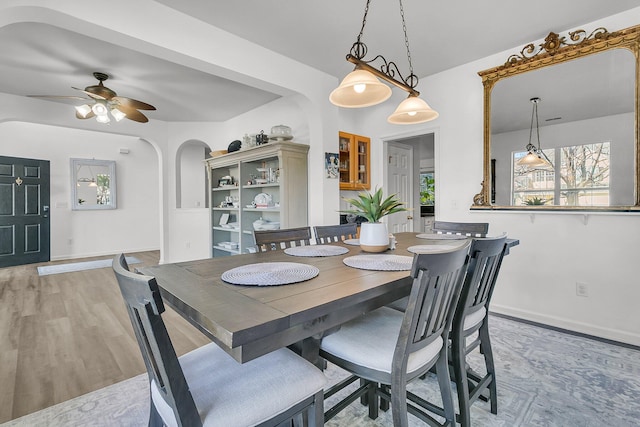 dining room with light hardwood / wood-style flooring and ceiling fan