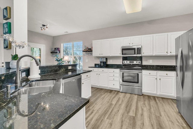 kitchen with white cabinetry, sink, dark stone counters, and appliances with stainless steel finishes