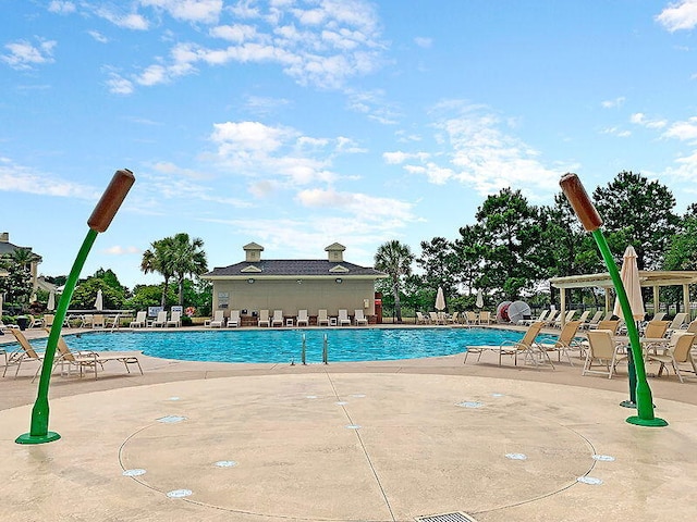 view of swimming pool with a patio area