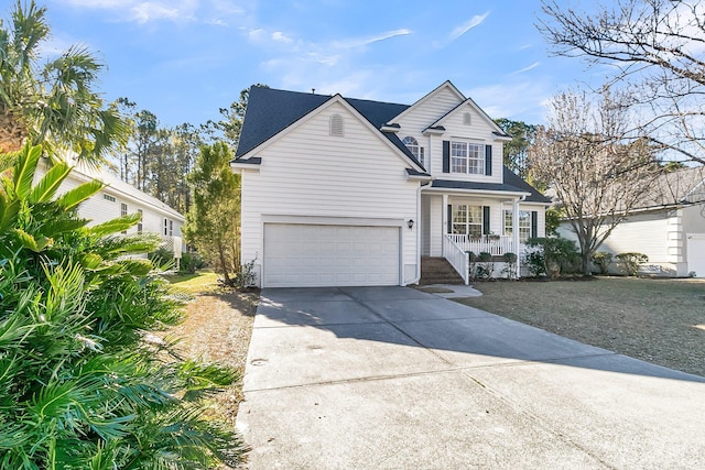 view of property with a garage, covered porch, and a front yard