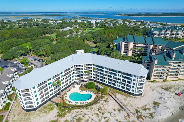 drone / aerial view featuring a water view