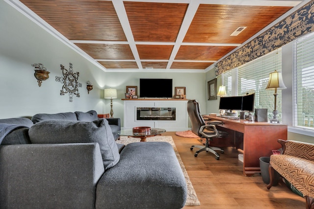 home office with ornamental molding, hardwood / wood-style flooring, and wooden ceiling