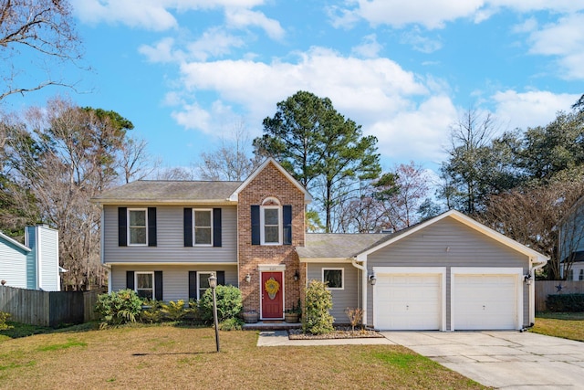 view of front facade with driveway, an attached garage, fence, a front yard, and brick siding