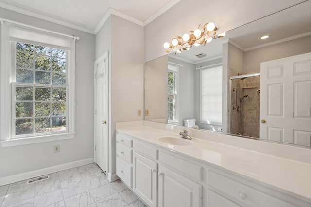 bathroom with baseboards, visible vents, toilet, marble finish floor, and crown molding