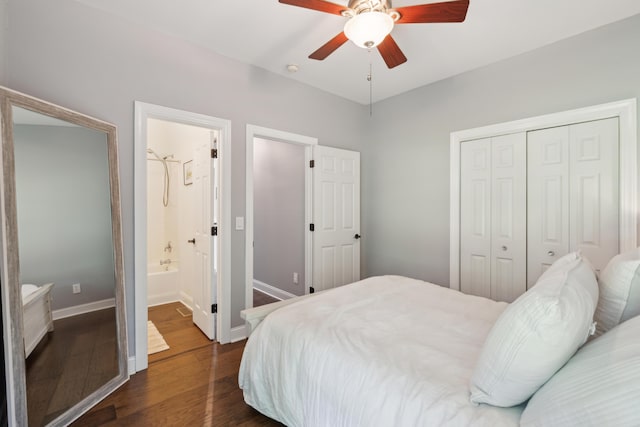 5195 Forest Oaks Dr, Hollywood, SC 29449 - bedroom with dark wood-style flooring, a closet, a ceiling fan, baseboards, and ensuite bath
