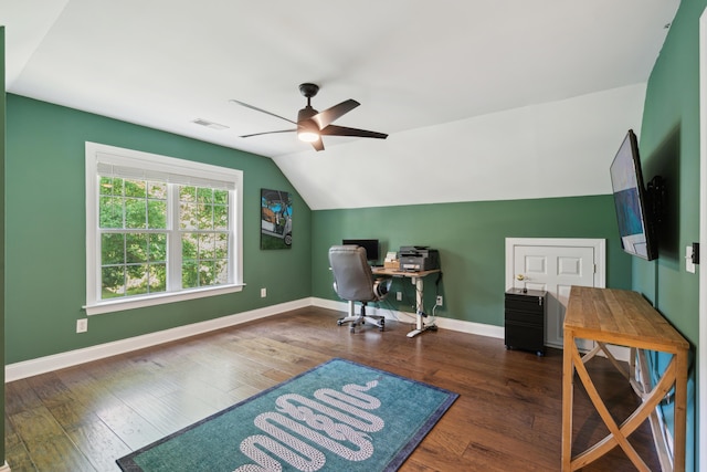 5195 Forest Oaks Dr, Hollywood, SC 29449 - home office with a ceiling fan, lofted ceiling, baseboards, and wood finished floors