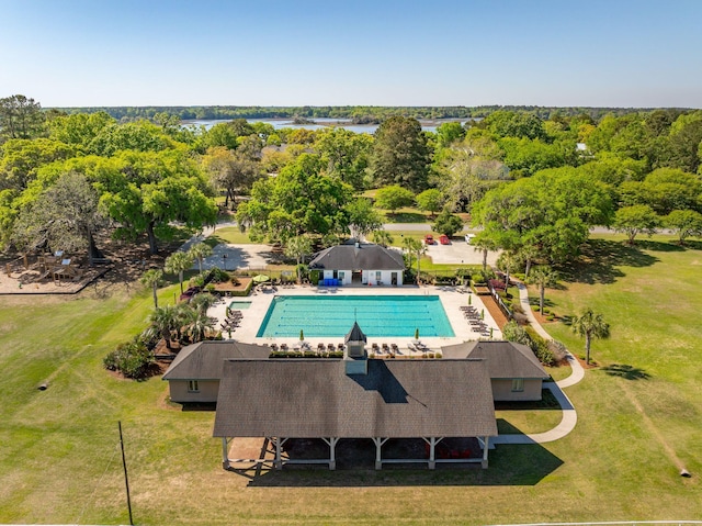 5195 Forest Oaks Dr, Hollywood, SC 29449 - bird's eye view of a pool area, a large body of water, and a tree filled landscape