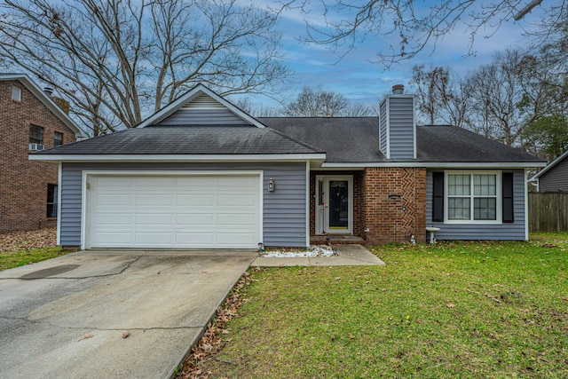 ranch-style house with a front yard and a garage