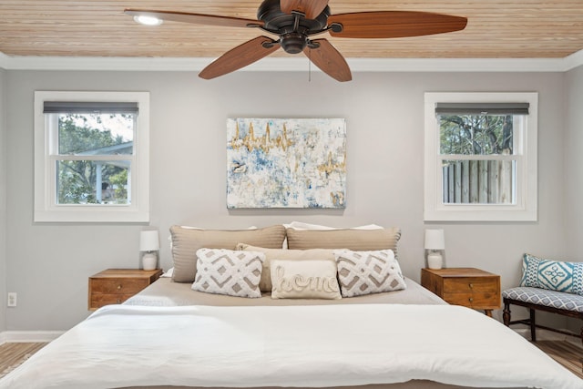 bedroom featuring hardwood / wood-style floors, multiple windows, ceiling fan, and wood ceiling