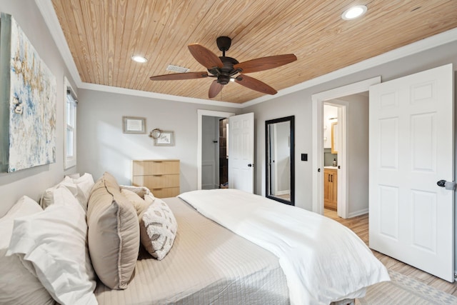 bedroom with wood ceiling, ceiling fan, light hardwood / wood-style flooring, ensuite bath, and crown molding