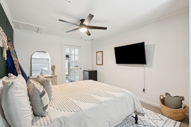 bedroom with carpet floors, ceiling fan, and ornamental molding