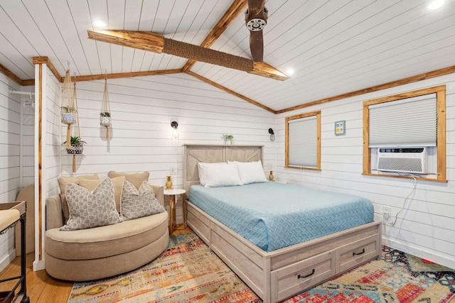 bedroom featuring wooden ceiling, light hardwood / wood-style floors, lofted ceiling with beams, wooden walls, and cooling unit