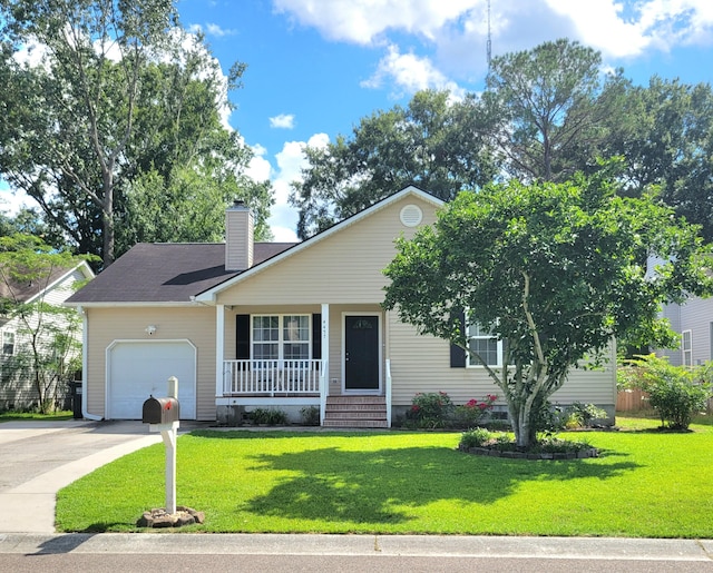 4457 Rice Mill Dr, North Charleston, SC 29420 - view of front of house featuring covered porch, an attached garage, a front yard, a chimney, and driveway