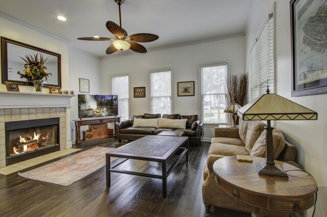 living room featuring hardwood / wood-style flooring, ceiling fan, ornamental molding, and a tiled fireplace