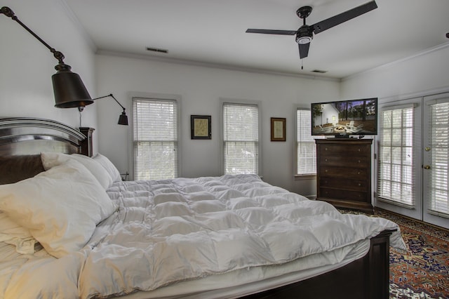 bedroom featuring access to outside, ornamental molding, french doors, and ceiling fan