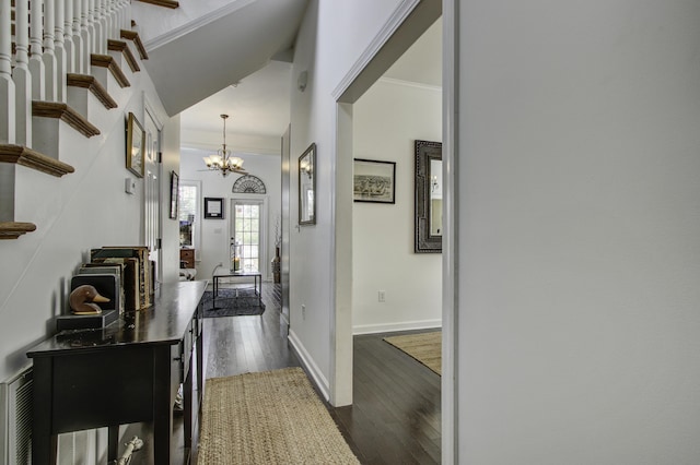 corridor with dark hardwood / wood-style flooring, a notable chandelier, and crown molding