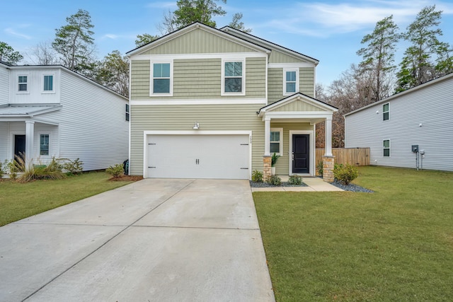 craftsman-style house with a garage and a front lawn