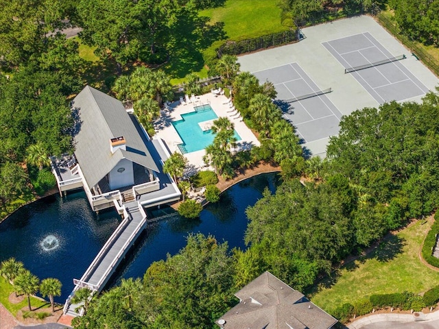 drone / aerial view featuring a water view