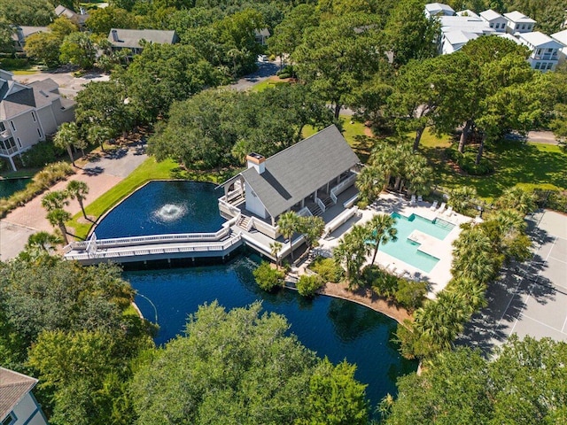 drone / aerial view featuring a water view