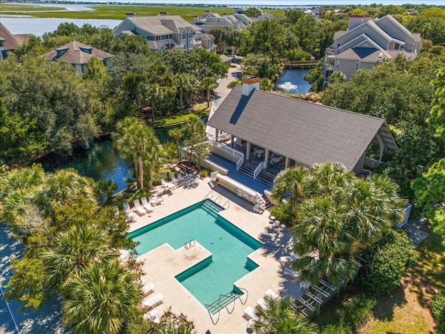 drone / aerial view with a water view