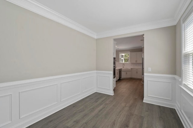 unfurnished room featuring ornamental molding, dark wood finished floors, a wainscoted wall, and a sink