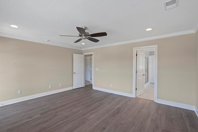 unfurnished bedroom with recessed lighting, visible vents, ornamental molding, wood finished floors, and baseboards