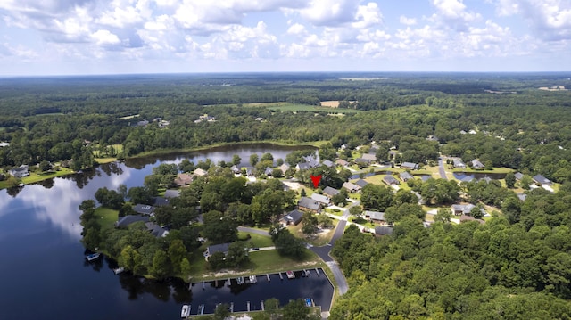 bird's eye view featuring a water view and a view of trees