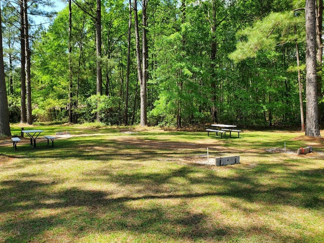view of community with a yard and a forest view