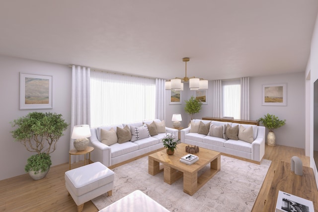 living room featuring light hardwood / wood-style flooring and a notable chandelier