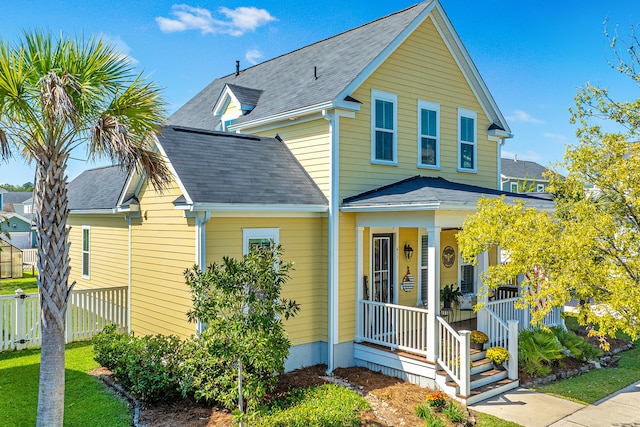 view of front of house with a porch and a front yard