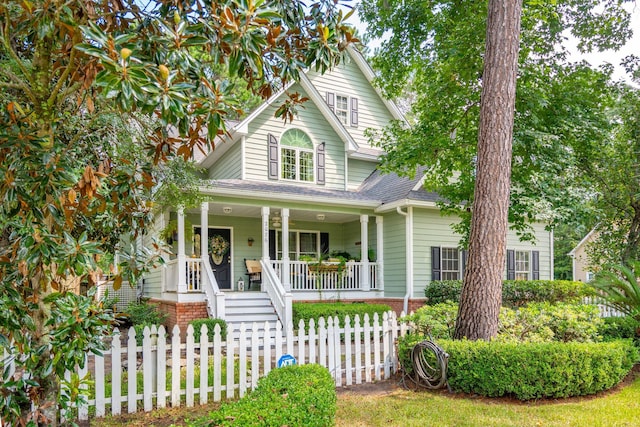 view of front of home featuring covered porch, a fenced front yard, and roof with shingles