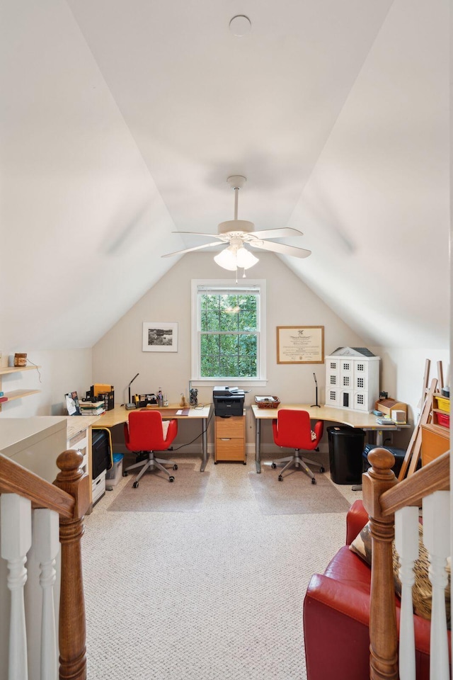 office space with lofted ceiling, carpet, and ceiling fan