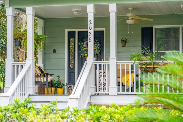 entrance to property featuring ceiling fan