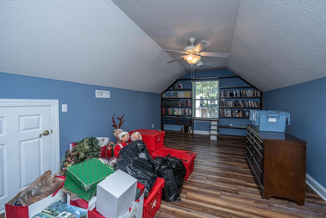 105 Northpark Ave, Summerville, SC 29485 - playroom featuring a textured ceiling, wood finished floors, vaulted ceiling, ceiling fan, and baseboards