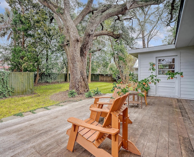 wooden terrace featuring a fenced backyard and a lawn