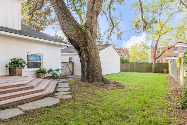 view of yard featuring a fenced backyard and a wooden deck