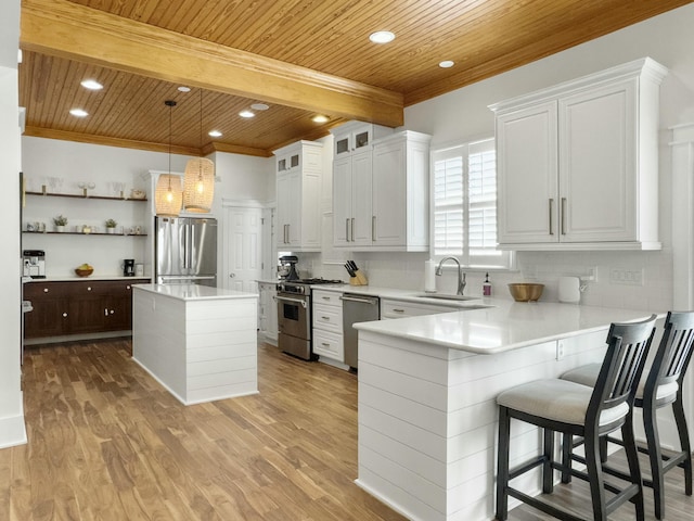 kitchen with a sink, stainless steel appliances, wood ceiling, and light wood-style flooring