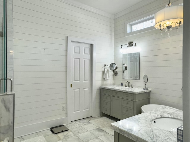 bathroom with marble finish floor, a stall shower, ornamental molding, wooden walls, and vanity