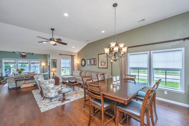 511 Nandina Dr, Goose Creek, SC 29445 - dining area with ceiling fan with notable chandelier, visible vents, recessed lighting, vaulted ceiling, and dark wood-style flooring