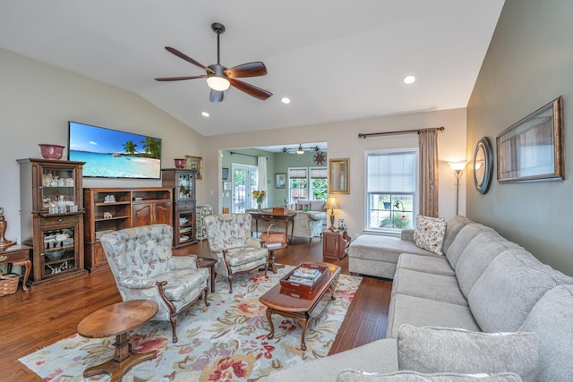 511 Nandina Dr, Goose Creek, SC 29445 - living area with vaulted ceiling, hardwood / wood-style floors, a ceiling fan, and recessed lighting