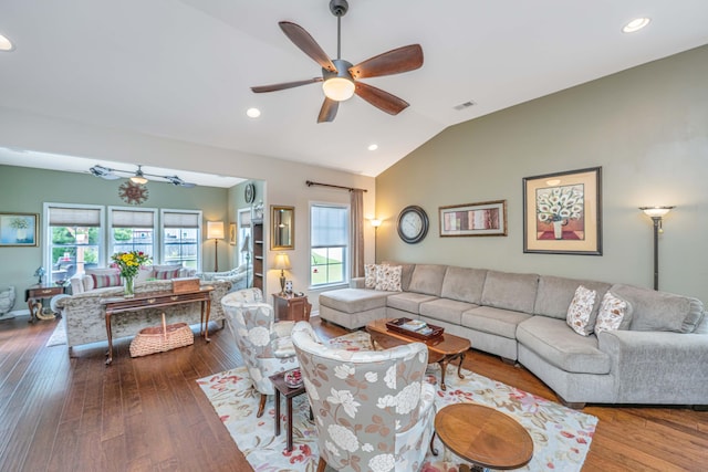511 Nandina Dr, Goose Creek, SC 29445 - living room featuring lofted ceiling, visible vents, ceiling fan, and hardwood / wood-style flooring